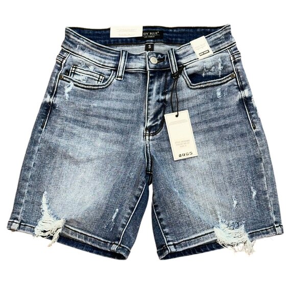 Judy Blue Distressed Bermuda Medium‎ Wash Denim Jean 7" Shorts JB15259 Small NWT - Picture 1 of 10